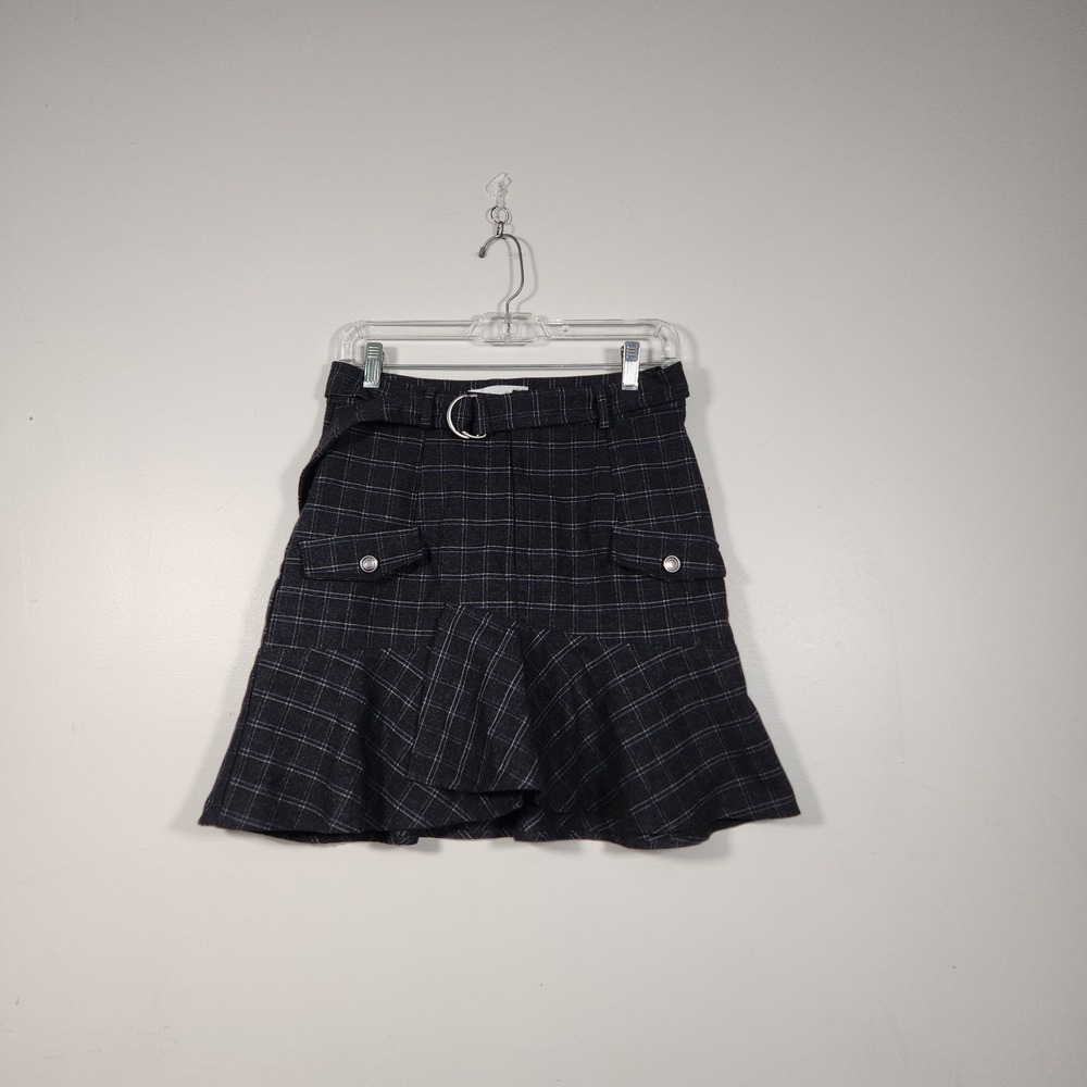 JOA Plaid Mini Skirt Medium Charcoal Blue Ruffle Hem Belted Schoolgirl Preppy